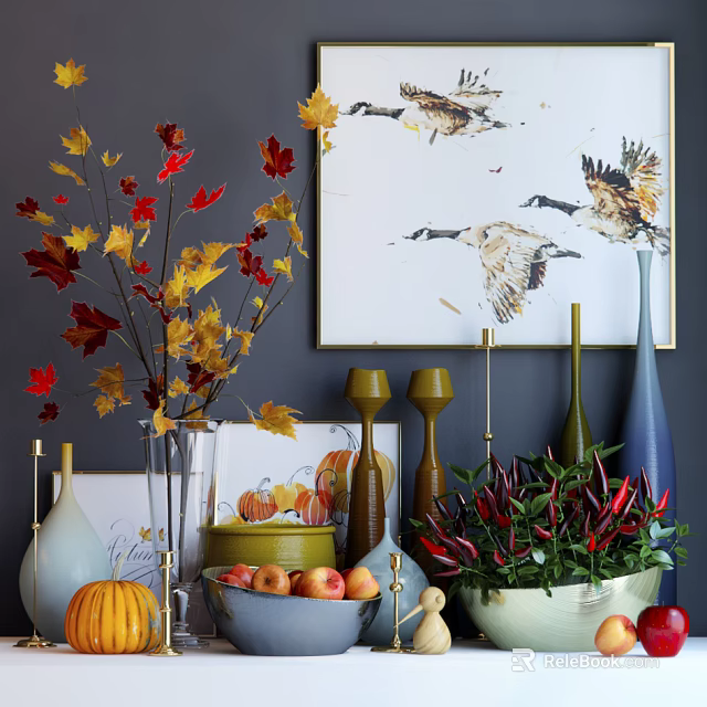 Autumn Themed Decorative Ornament Arrangement With Maple Leaves Vases Candle Holders Pumpkins And Apples 3d model 
