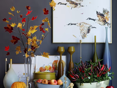 Autumn Themed Decorative Ornament Arrangement With Maple Leaves Vases Candle Holders Pumpkins And Apples 3d model