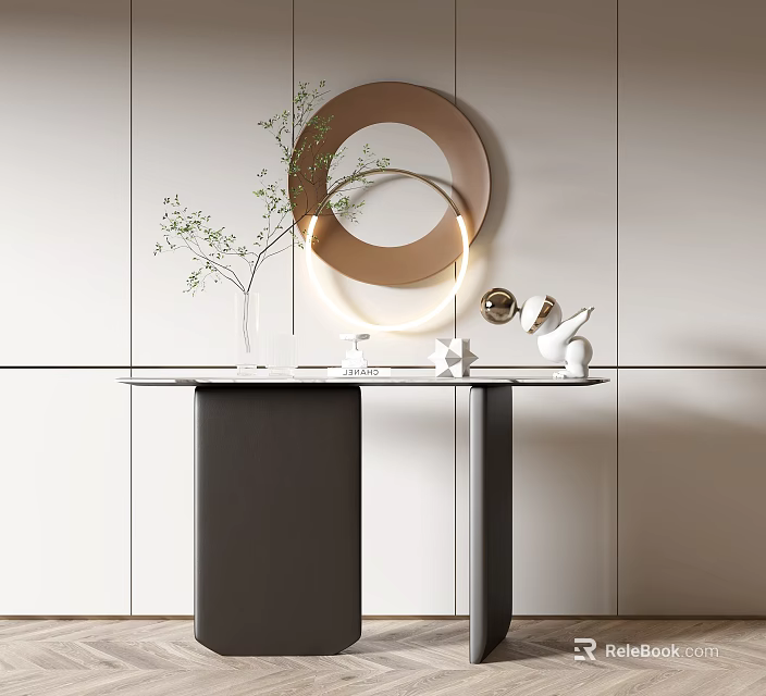 Modern Console Table With Round Mirror Green Plant And White Wall Decor 3d model 