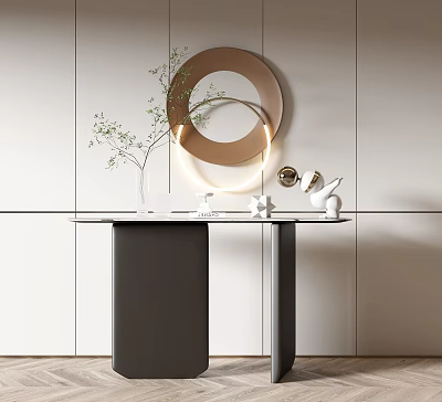 Modern Console Table With Round Mirror Green Plant And White Wall Decor 3d model