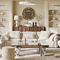 Elegant Classic Living Room Featuring Carved Ceiling Chandelier Beige Sofa Coffee Table And Decor Shelves