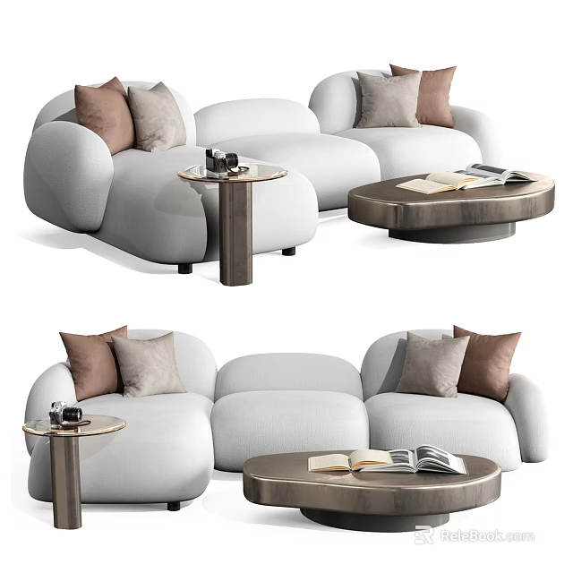 White Sectional Sofa with Brown and Beige Cushions and Side Coffee Tables with Magazines 3d model 