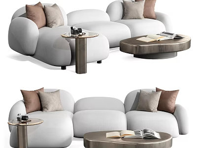White Sectional Sofa with Brown and Beige Cushions and Side Coffee Tables with Magazines 3d model