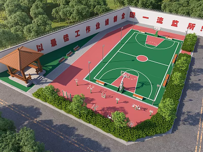 Outdoor Sports Basketball Court With Green Surface Red Track Surrounding Trees And Pavilion 3d model