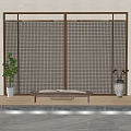 Traditional Musical Instruments And Art Supplies On Wooden Platform With Screen Paintings And Plants