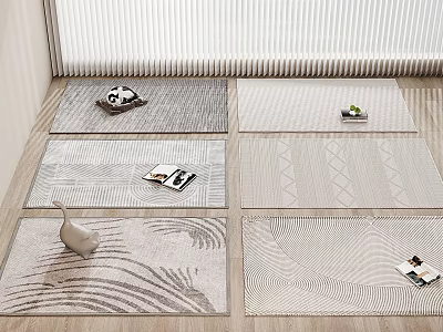 Modern Square Rugs with Various Patterns Displayed on Floor and Decorative Items 3d model
