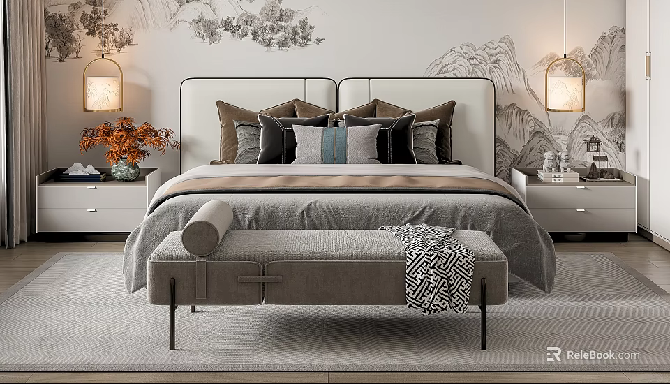 Elegant Double Bed with White Headboard Multiple Pillows Bench and Decorative Wall Art 3d model