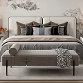 Elegant Double Bed with White Headboard Multiple Pillows Bench and Decorative Wall Art 3d model