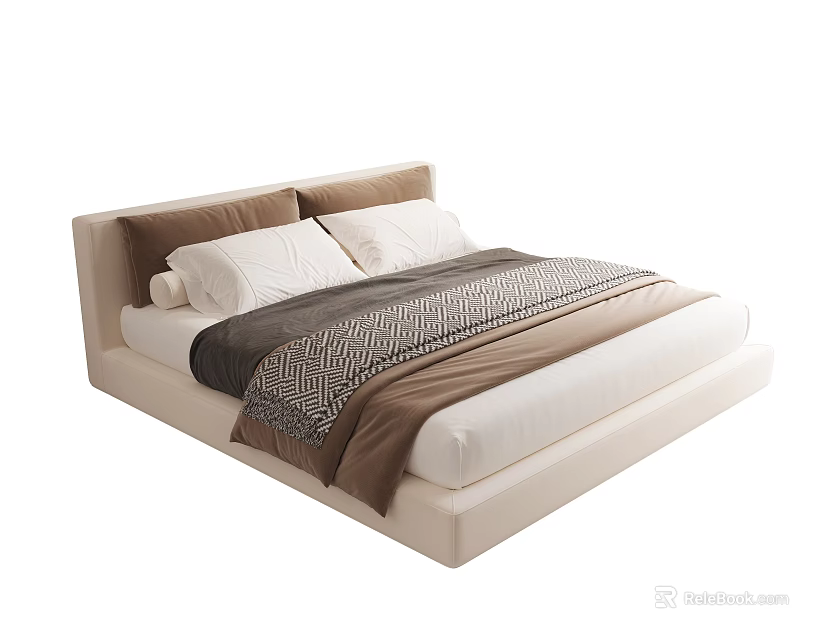 Modern Double Bed with Light Colored Frame and Cozy Bedspread Pillows 3d model