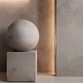 Textured Background Wall In Gray Brown Hues With Circular Decorations Sphere On Cube Pedestal
