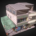 Two Story Commercial Building Exterior With Green Wall Tiles Blue Roller Shutters And Shop Facade