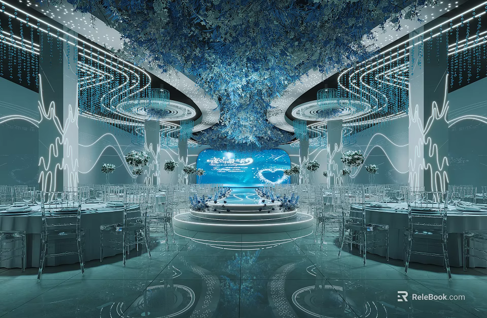 Elegant Blue Themed Banquet Hall With Stunning Lighting Ceiling Decor Stage And Tables 3d model 
