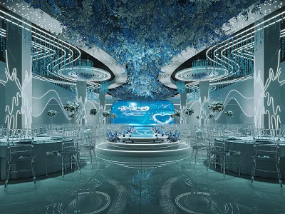 Elegant Blue Themed Banquet Hall With Stunning Lighting Ceiling Decor Stage And Tables 3d model