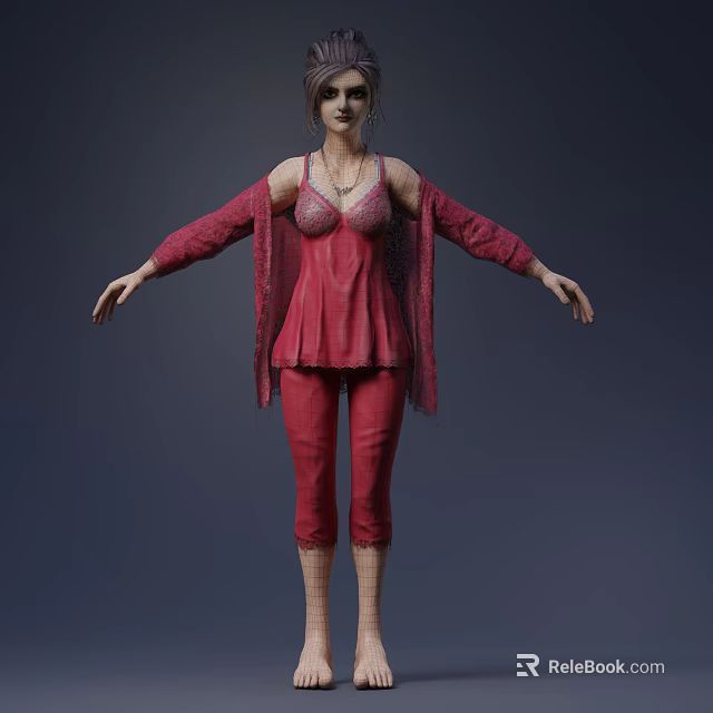 Woman In Red Lace Camisole And Cardigan With Cropped Pants Standing Arms Outstretched 3d model 