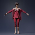 Woman In Red Lace Camisole And Cardigan With Cropped Pants Standing Arms Outstretched