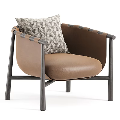 Modern Brown Leather Accent Chair With Black Metal Frame And Geometric Pattern Pillow 3d model