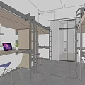 School Dormitory Interior With Bunk Beds Desks Chairs And Laptop On Table 3d model