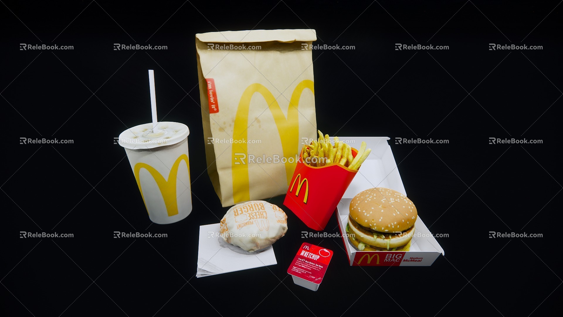 McDonald's Fries Burger Coke Ketchup Take-out Paper Bag 3d model