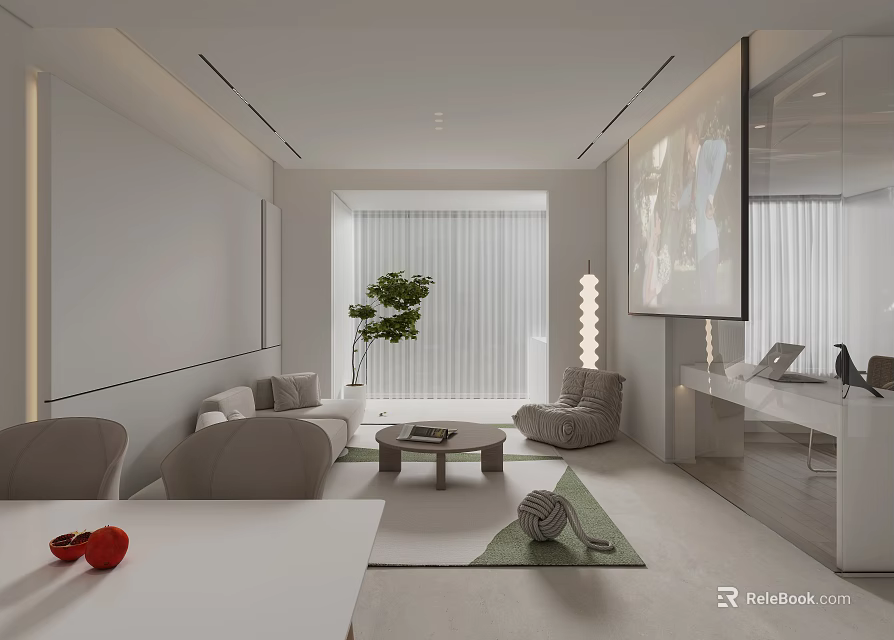 Modern White Living Dining Room Interior With Gray Sofa Green Plant And Coffee Table 3d model 