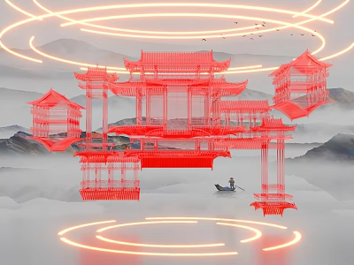 Chandelier With Neon Glow Over Red Traditional Chinese Architecture In Mountain Water Scene 3d model