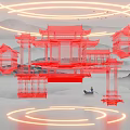 Chandelier With Neon Glow Over Red Traditional Chinese Architecture In Mountain Water Scene