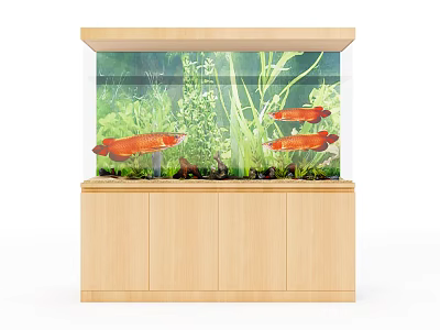 Home Aquarium With Wooden Cabinet Base Red Fish And Green Aquatic Plants 3d model