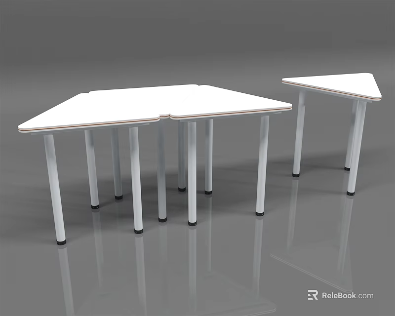 Large Polygonal And Small Triangular White Tables With White Tabletop Legs On Gray Reflective Floor 3d model