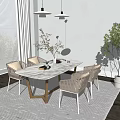 Modern Dining Table Set With Woven Chairs Pendant Lights And Indoor Plant