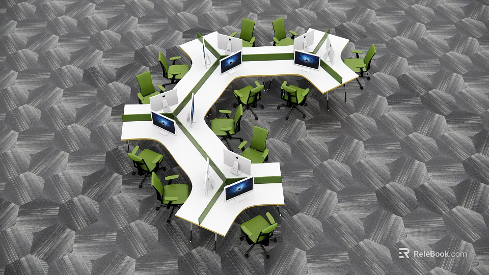 Modular Office Desks With Green Chairs Computer Monitors And White Partition Dividers 3d model 