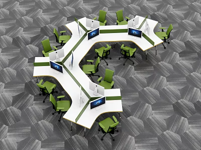 Modular Office Desks With Green Chairs Computer Monitors And White Partition Dividers 3d model