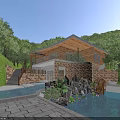 Scenic Single Family Villa On Lush Green Hillside With Wooden Stone Wall Swimming Pool Rockery