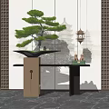 Chinese Style Console Table With Bonsai Tree And Hanging Lantern In Marble Floor Setting 3d model