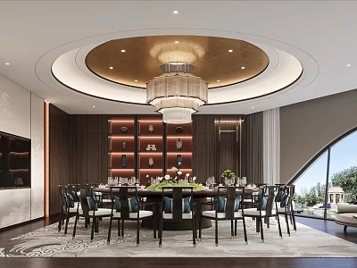 Luxurious Modern Private Dining Room Interior With Round Chandelier Wooden Bookshelves And Elegant Chairs 3d model
