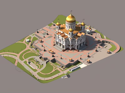 European Style Building With Golden Domes White Exterior Plaza And Green Lawn 3d model