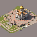 European Style Building With Golden Domes White Exterior Plaza And Green Lawn