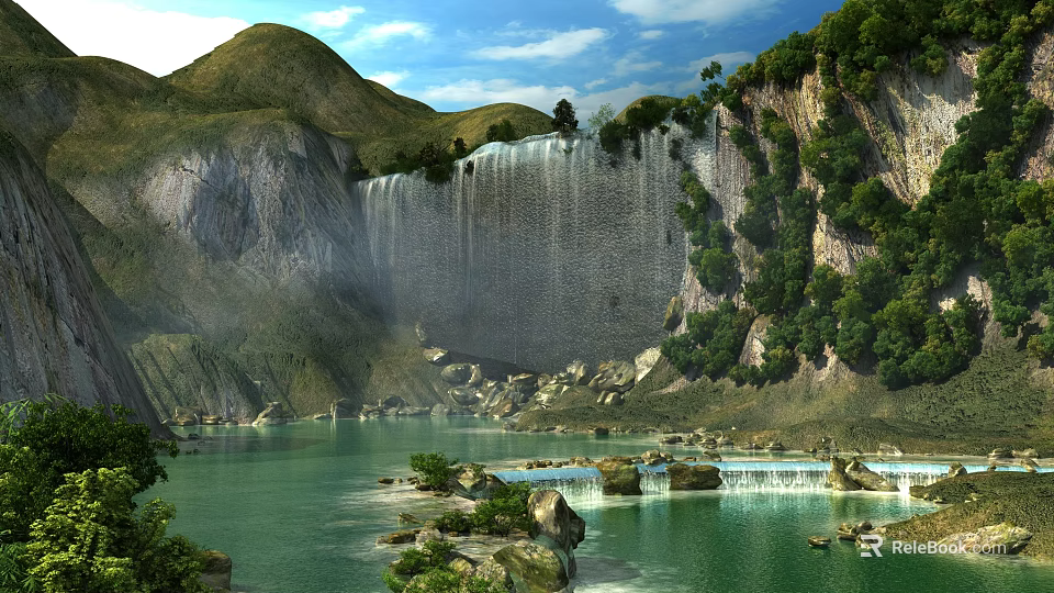 Park Landscape With Waterfall Flowing Into Green Lake Surrounded by Mountains Lush Vegetation and Rocks 3d model 