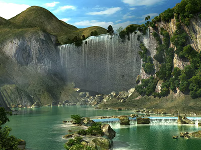 Park Landscape With Waterfall Flowing Into Green Lake Surrounded by Mountains Lush Vegetation and Rocks 3d model