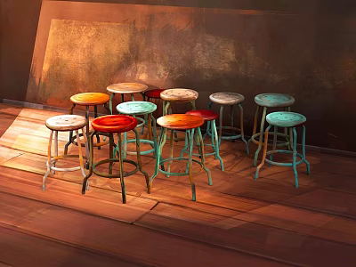 Colorful Bar Stools With Metal Legs Round Seats On Wooden Floor And Warm Wall 3d model