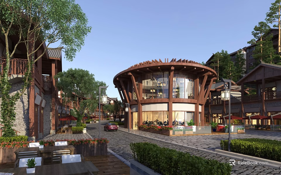 Traditional Ancient Circular Wooden Architecture With Surrounding Historic Buildings Stone Pavement And Outdoor Seating 3d model 