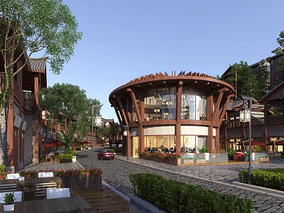 Traditional Ancient Circular Wooden Architecture With Surrounding Historic Buildings Stone Pavement And Outdoor Seating 3d model