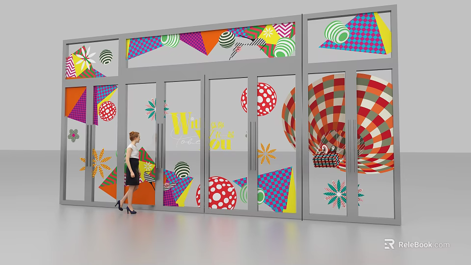Vibrant Shopping Store Front with Colorful Glass Door Decor and Female Customer Entering 3d model 