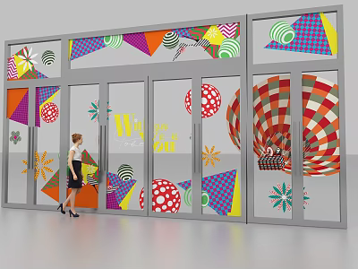 Vibrant Shopping Store Front with Colorful Glass Door Decor and Female Customer Entering 3d model