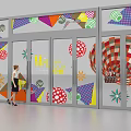 Vibrant Shopping Store Front with Colorful Glass Door Decor and Female Customer Entering
