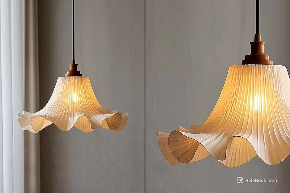 Stylish Pendant Light With Wooden Base And Pleated Shade On Gray Wall 3d model 