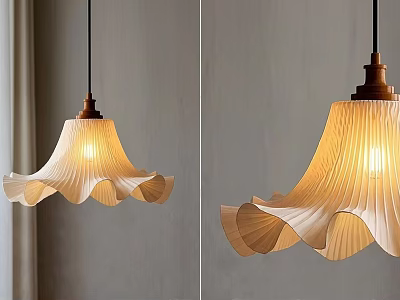 Stylish Pendant Light With Wooden Base And Pleated Shade On Gray Wall 3d model