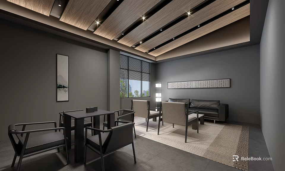 Modern Hotel Public Lounge Interior With Comfortable Sofas Coffee Tables And Decorative Lighting 3d model 