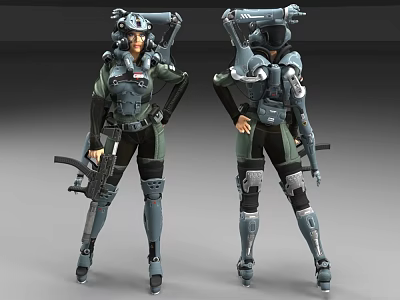 Two Game And Movie Characters In Futuristic Armor Holding Weapons With Combat Gear 3d model