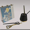 Household Items Including Decorative Calendar With Illustration Gold Black Scissors And Black Container