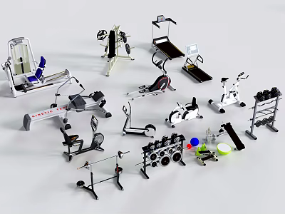 Comprehensive Sports Equipment Collection Featuring Treadmill Dumbbells Exercise Bike And Fitness Tools 3d model