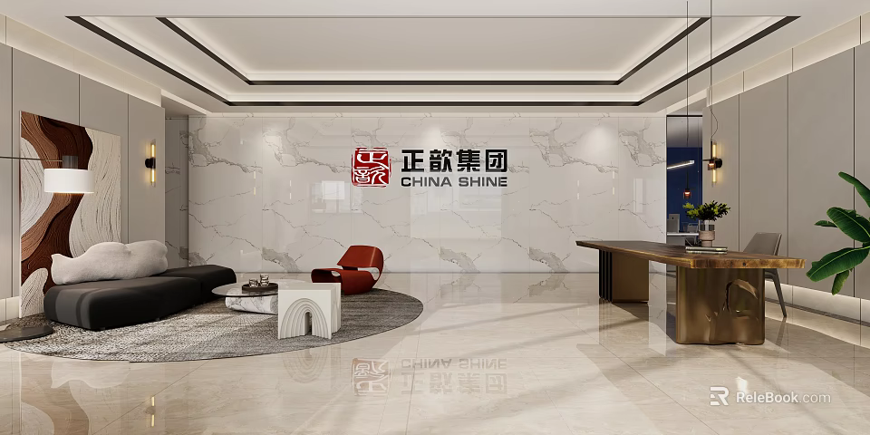 Elegant Modern Corporate Reception Lobby With Marble Logo Wall And Stylish Comfortable Lounge Furniture 3d model 